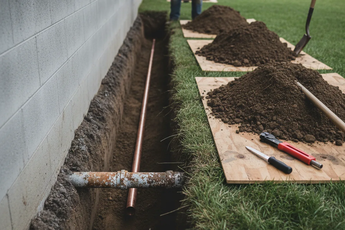 Excavated water line trench during Water Softener Installation in Mayer